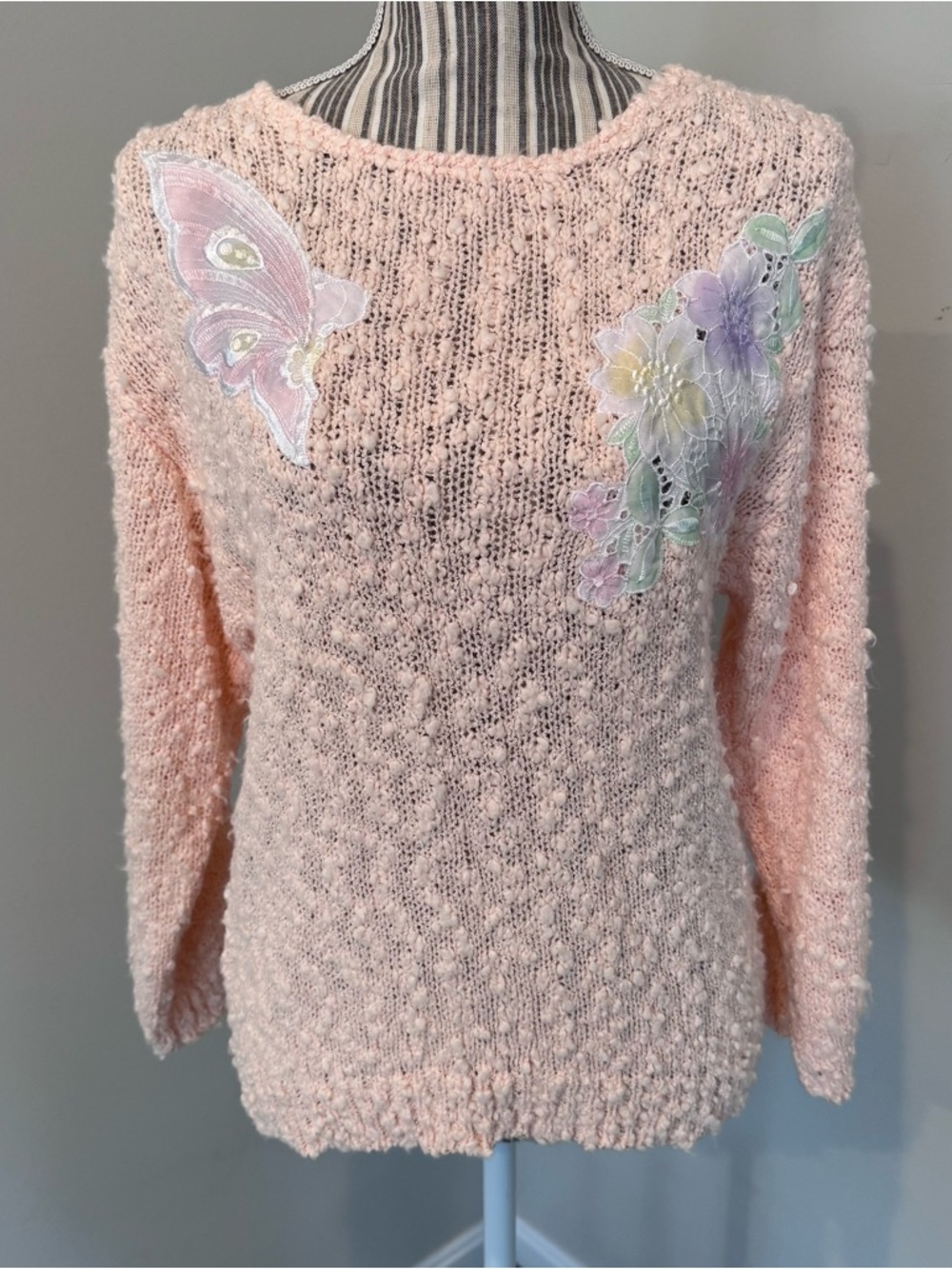 Vintage Yarnworks Pink Floral Crochet Embroidered Pastel Sweater sz Small